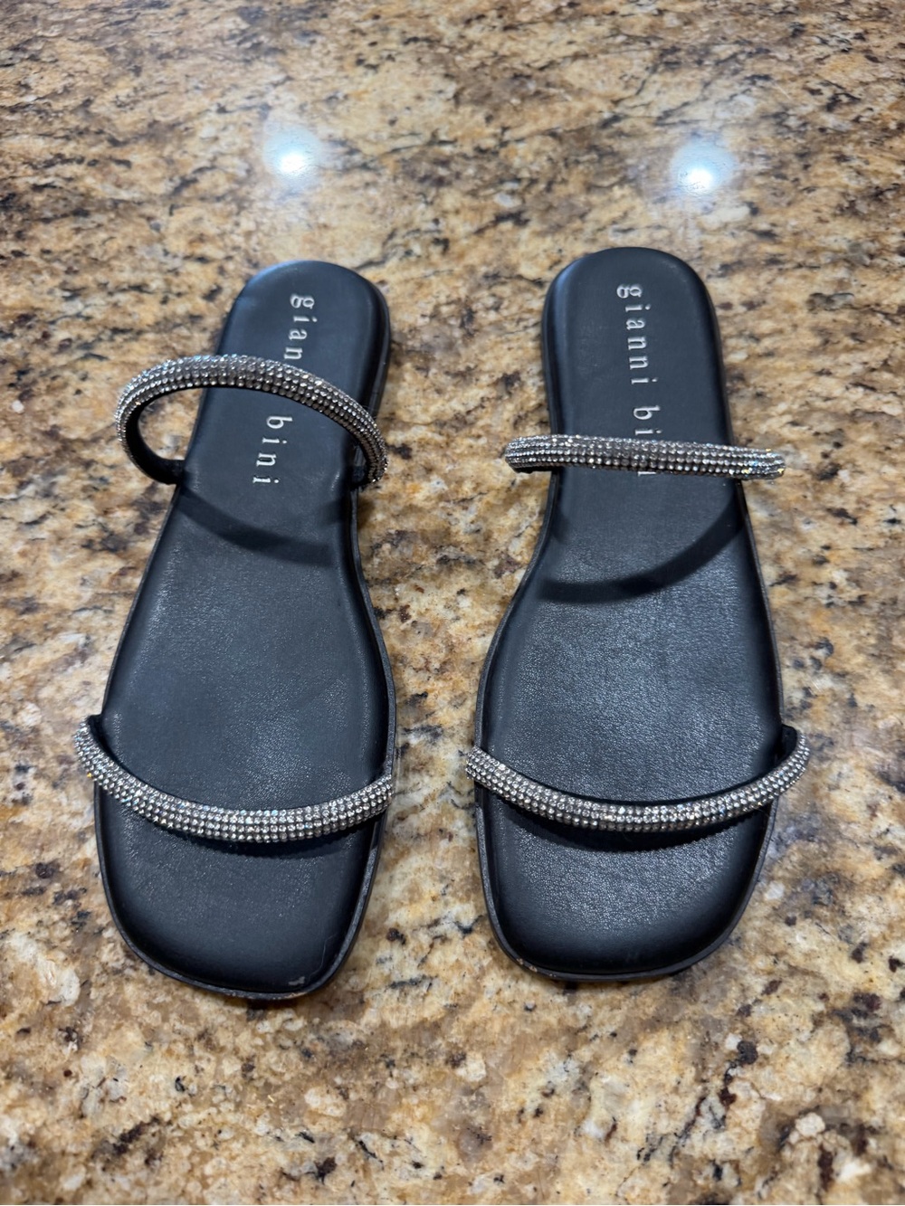 Gianni Bini Black Slide Sandals with Silver Crystal Straps